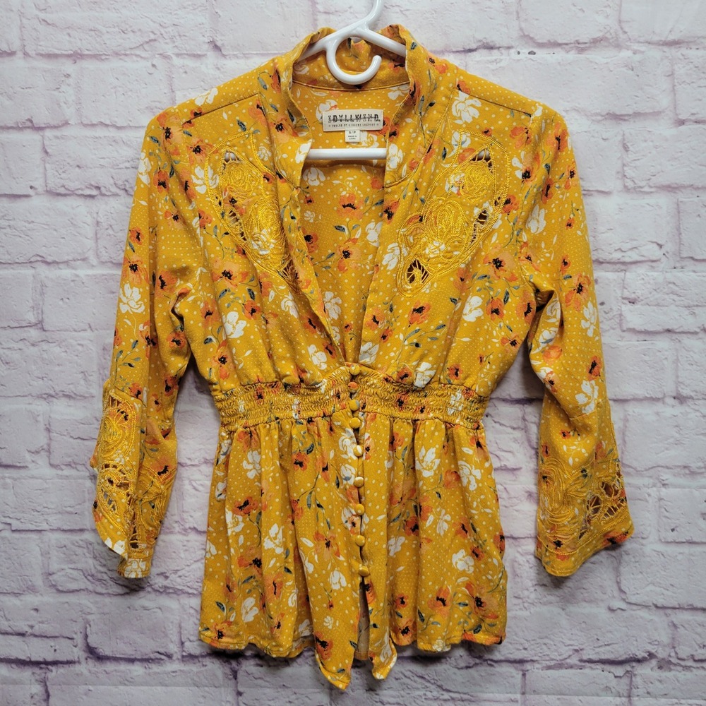 Idyllwind‎ Miranda Lambert Floral Peplum Top Sz S Coquette Smocked Boho Cottage